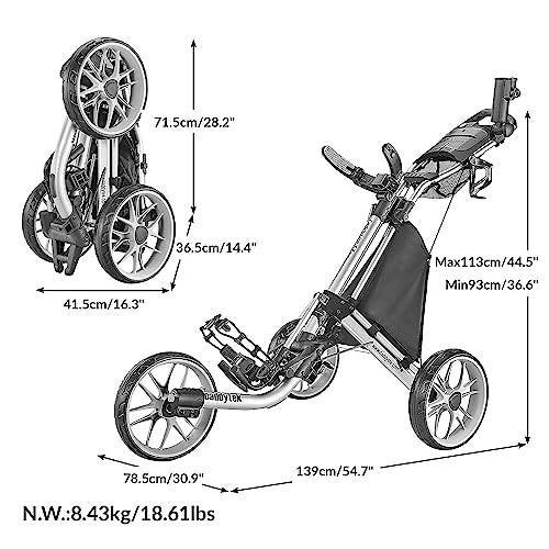 CaddyTek CaddyLite EZ Version 8 3 Wheel Golf Push Cart - Foldable Collapsible Lightweight Pushcart with Foot Brake - Easy to Open & Close, Silver, One Size (CaddyLite EZ Version 8 Silver) - Golf Gift