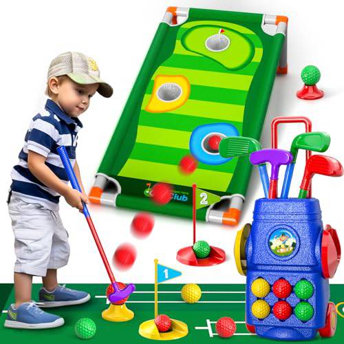 Doloowee Kids Golf Clubs, Toddler Golf Set with 6 Balls, 4 golf clubs, 1 Cornhole Board & Putting Mat, Kids Golf Set Mini Golf Set Toddler Toys Gift for 3 4 5 6 7 8 9Years Old Boys Girls - Golf Gift