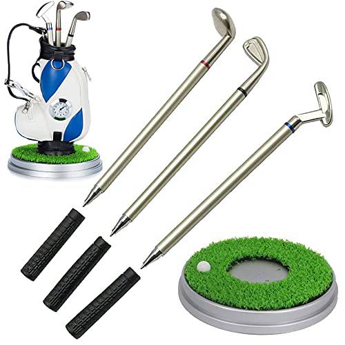 Golf Bag Pen Holder with Clock for Desk Mini Golf Caddy Cart Holder and 3 Pens Golf Gifts Set for Men Women, Desktop Aluminum Alloy Golf Pens Souvenir Gift(White/Blue - Golf Bag) - Golf Gift