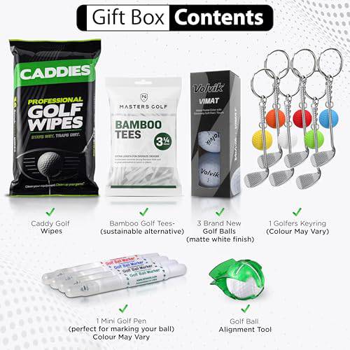 Mens Golf Gift Set with Personalised Message | 6 Items Packed in our Eco Gift Box | Golf Balls, Caddy Wipes, Bamboo Golf Tees, Alignment Aid, Keyring and Mini Golf Pen. - Golf Gift