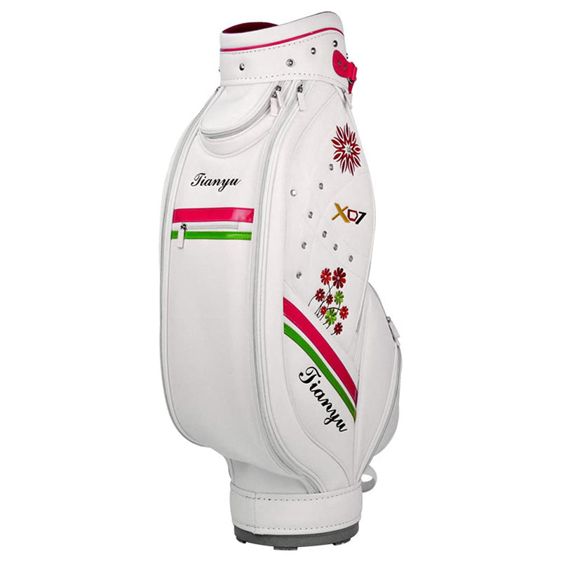 ACXZ Golf Staff Standard Carry Bag for women, Floral Embroidered Golf Cart Bag with Shoulder Strap, Waterproof PU Golf Bag, White (89×38×20cm) - Golf Gift