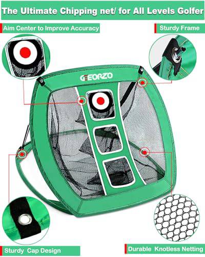 GEEORZO Golf Chipping Net, Pop Up Golf Practice Net with 2 Golf Hitting Mats, 12 Practice Balls and Golf Tees Accessories for Backyard Outdoor Indoor (Net+Mats+Balls(Green)) - Golf Gift