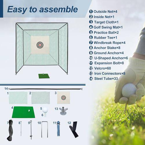 BIRCHTREE Golf Practice Cage Driving Cage Steel Frame Noise Reduction Golf Hitting Mesh Nets Rubber Tee Backyard Swing Training Equipment Bullseye Target Practice Outdoor - Golf Gift