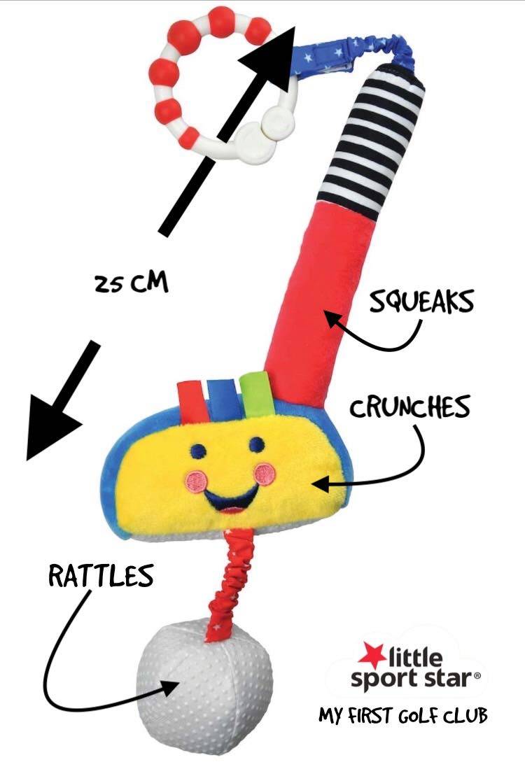 Little Sport Star Baby Golf Club and Ball | Clip-on-Toy-for-Golfers | Suitable from Birth | On the Go or at Home | Baby Gift | Squeaks, Rattles and Crunches - A Sporty Sensory Toy from The Collection - Golf Gift