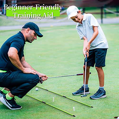 MoKo Golf Alignment Stick, 2 Pack Swing Trainer Tool, 48" Collapsible Alignment Stick Golf Training Aid for Aiming, Putting, Posture Corrector, Golf Practice Sticks with Clear Tube Case, Green - Golf Gift