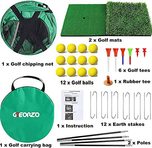 GEEORZO Golf Chipping Net, Pop Up Golf Practice Net with 2 Golf Hitting Mats, 12 Practice Balls and Golf Tees Accessories for Backyard Outdoor Indoor (Net+Mats+Balls(Green)) - Golf Gift