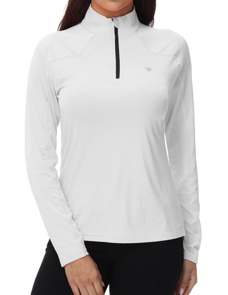 YSENTO Women's Long Sleeve Running Sports Tops Lightweight Gym Walking Zip Up Golf Polo T-Shirt(White,M) - Golf Gift