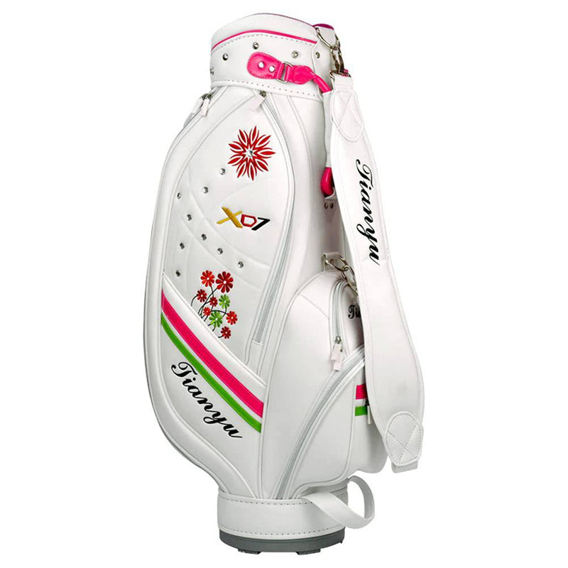 ACXZ Golf Staff Standard Carry Bag for women, Floral Embroidered Golf Cart Bag with Shoulder Strap, Waterproof PU Golf Bag, White (89×38×20cm) - Golf Gift