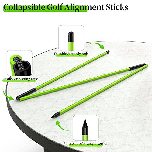 MoKo Golf Alignment Stick, 2 Pack Swing Trainer Tool, 48" Collapsible Alignment Stick Golf Training Aid for Aiming, Putting, Posture Corrector, Golf Practice Sticks with Clear Tube Case, Green - Golf Gift