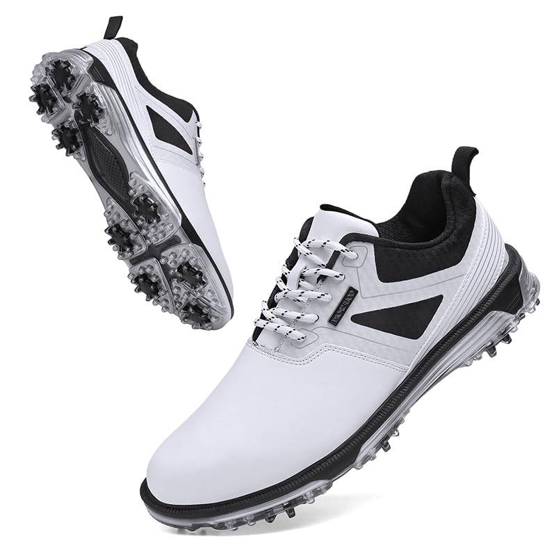 KESCOO Waterproof Golf Shoes Men Professional Spiked Golf Footwear Lightweight Outdoor Comfortable Golf Training Sneakers, White 45 - Golf Gift