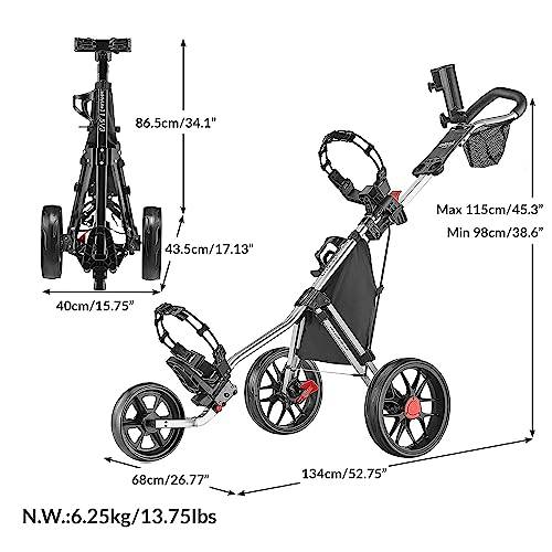 Caddytek CaddyLite 11.5 V3 3 Wheel Golf Push Cart - SuperLite Deluxe, Lightweight, Easy To Fold Caddy Cart Pushcart, Silver - Golf Gift