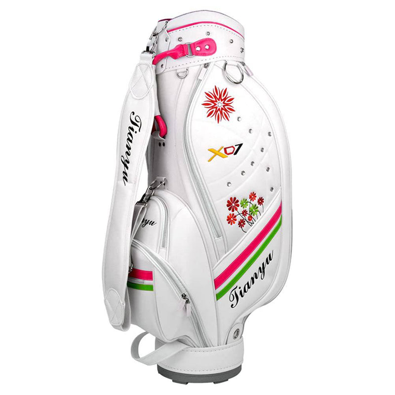 ACXZ Golf Staff Standard Carry Bag for women, Floral Embroidered Golf Cart Bag with Shoulder Strap, Waterproof PU Golf Bag, White (89×38×20cm) - Golf Gift