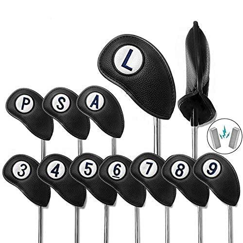 Golf Club Head Covers for Irons Magnetic Closure Value 11 pcs/Set, Double Number Printed Headcovers Deluxe Synthetic Leather Professional Thick Color Black Fit All Iron Clubs (Black) - Golf Gift