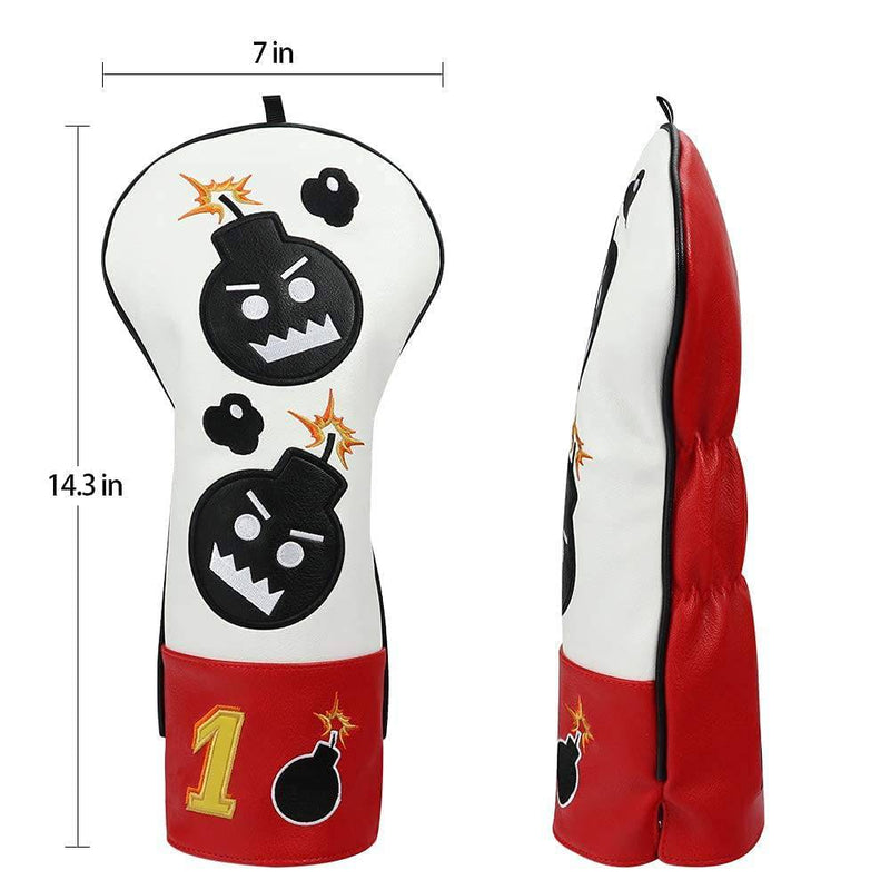 Craftsman Golf Driver Headcover Embroidery Bomb, Red and White PU Leather Golf Head Covers Driver