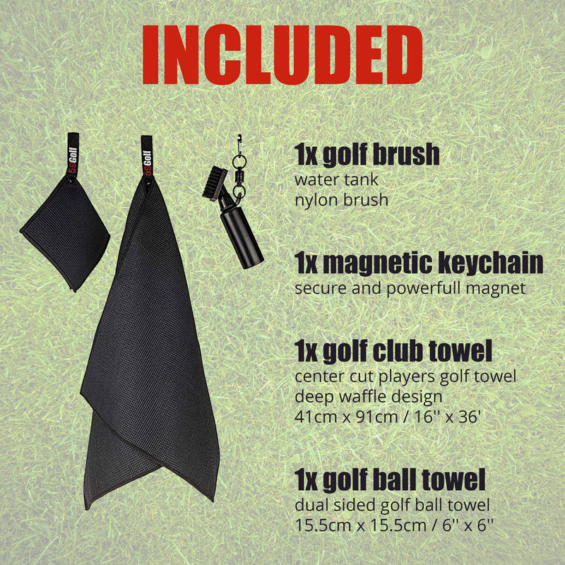 59Golf - Golf club cleaning kit : foaming golf club brush with water/soap tank + golf club towel + golf ball towel + magnetic keychain… (Black Towels)