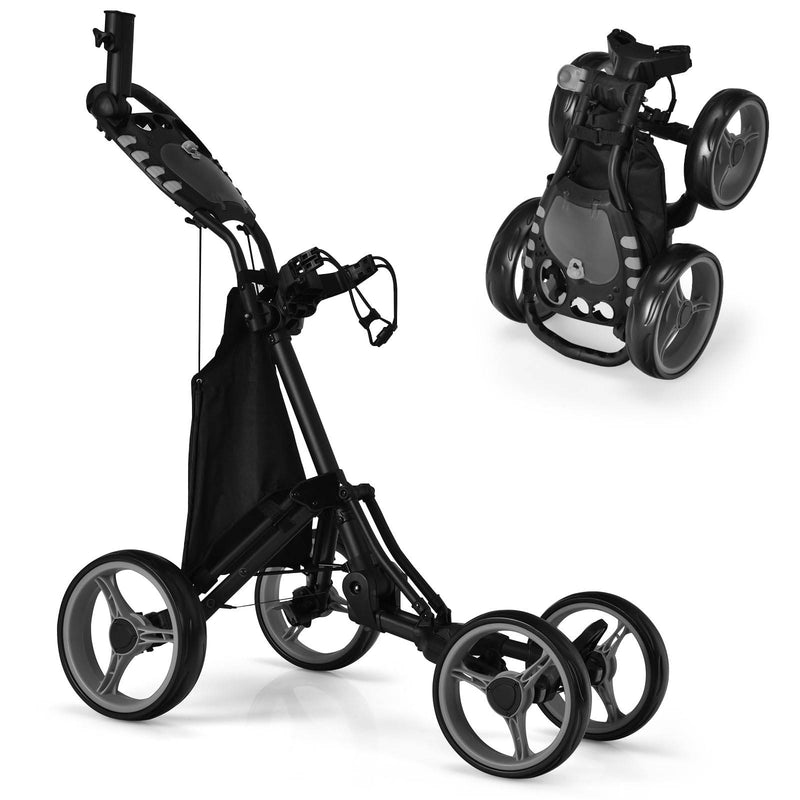 GYMAX 4 Wheels Golf Push Pull Cart, Folding Lightweight Golf Trolley with Storage Bag, Foot Brake, Umbrella Holder and Built-in Cooler, Convenient Quick Open Golf Bag Holder (Gray) - Golf Gift