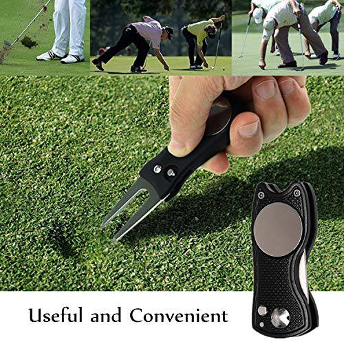 FINGER TEN Golf Divot Repair Tool With 3 Ball Marker Value Pack, Sturdy Solid Pitch Fork Golf Club Pocket Extra 3 Ball Makers Color (Cat Black) - Golf Gift