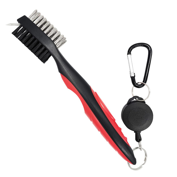 Mebamce Lightweight Portable Golf Club Brush and Groove Cleaner Dual Sided Nylon and Steel Brush with Cleaning Spikes, Retractable Cord and Carabiner - Golf Gift