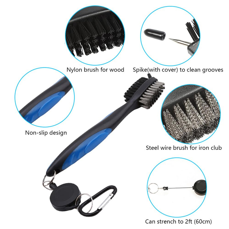 VIPMOON Golf Clean Tool Set,Retractable Golf Club Brush and 2 Golf Club Groove Sharpener for U & V-Grooves, Portable Golf Brush Tool Kits for All Golf Irons for Man (Blue) - Golf Gift