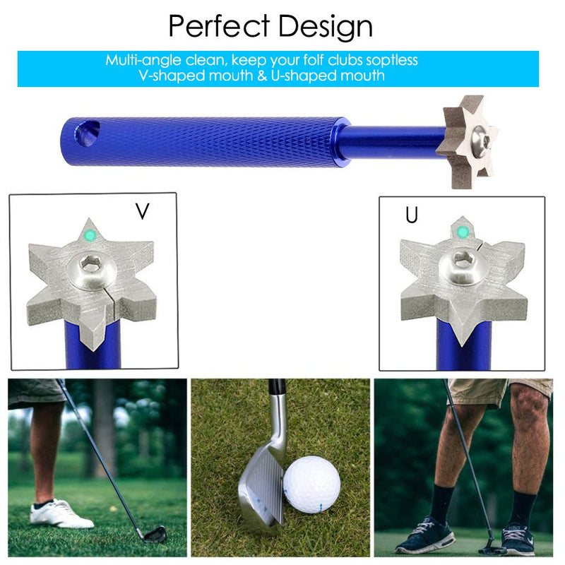 VIPMOON Golf Clean Tool Set,Retractable Golf Club Brush and 2 Golf Club Groove Sharpener for U & V-Grooves, Portable Golf Brush Tool Kits for All Golf Irons for Man (Blue) - Golf Gift