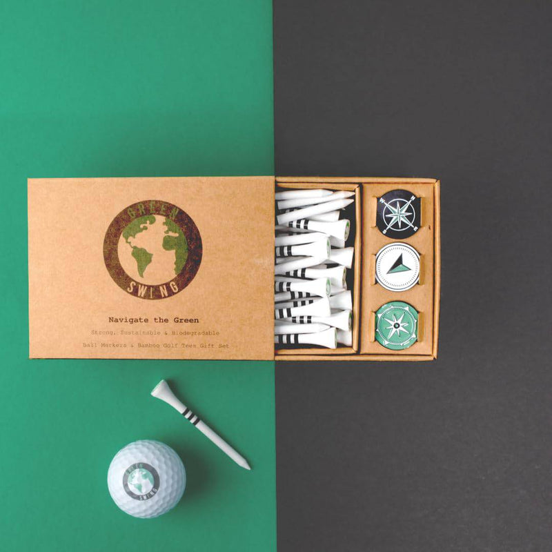 Green Swing Bamboo Golf Tees & Compass Ball Markers | Navigate the Green | Golf Gift Set - Golf Gift