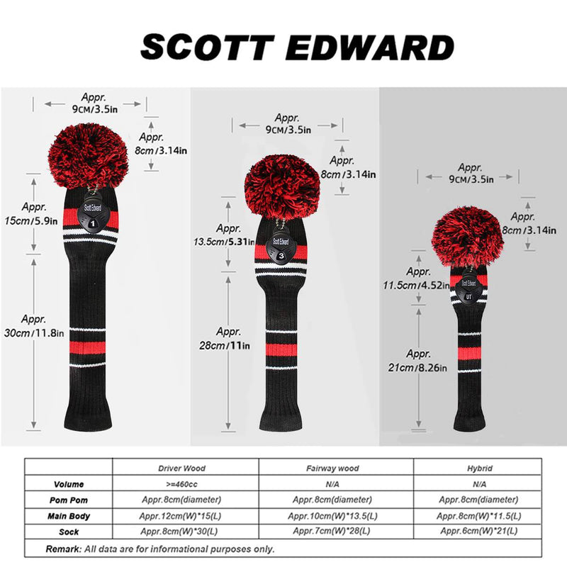 Scott Edward Knit Golf Wood HeadCovers, Set of 4, Fit Driver (460CC) Fairways hybrid/UT, Soft and Thick, Eyes-catching, Black Red White Stripes - Golf Gift