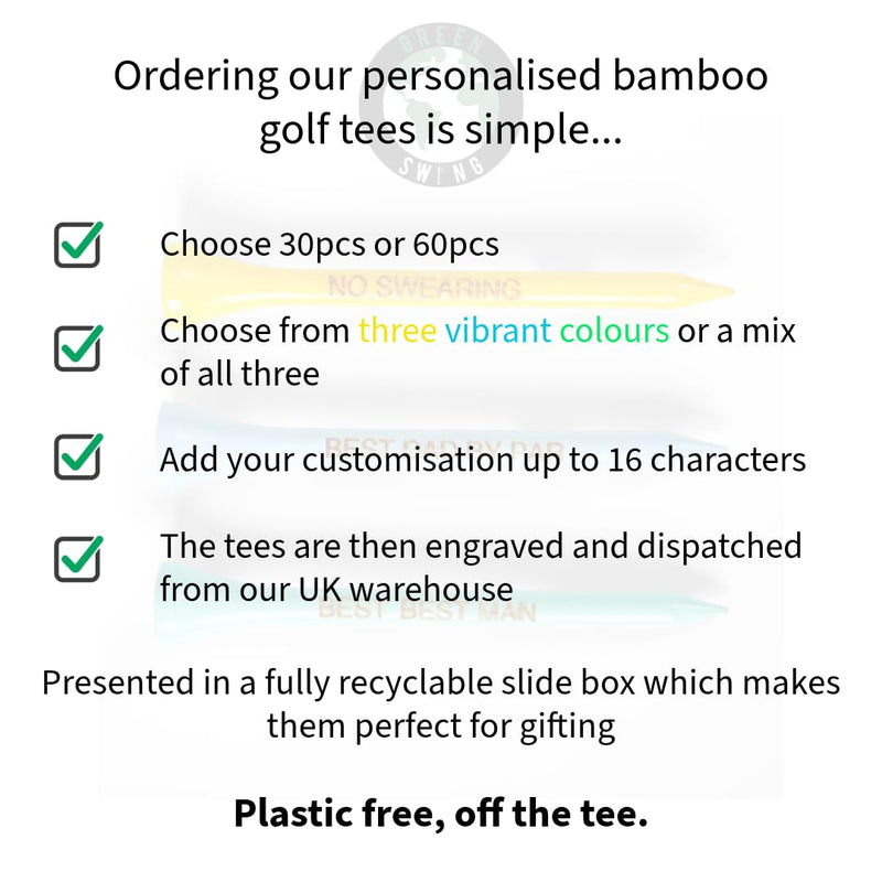 Green Swing Personalised Bamboo Golf Tees 70mm | Perfect For Gifting & Events | Choice of Colours & Quantity | Custom Golf Gifts (30pcs, Mixed) - Golf Gift