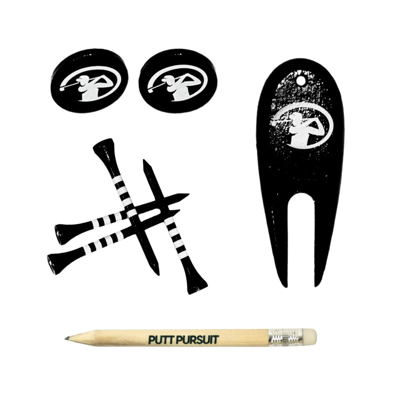 Putt Pursuit Golf Essentials Gift Set - Include Bamboo 25 Pack 70mm Golf Tees, 2 Divot Tools, 2 Ball Markers & 1 Classic Wooden Pencil - Sustainable Golf Set for Golf Enthusiasts Players & Golf Lovers