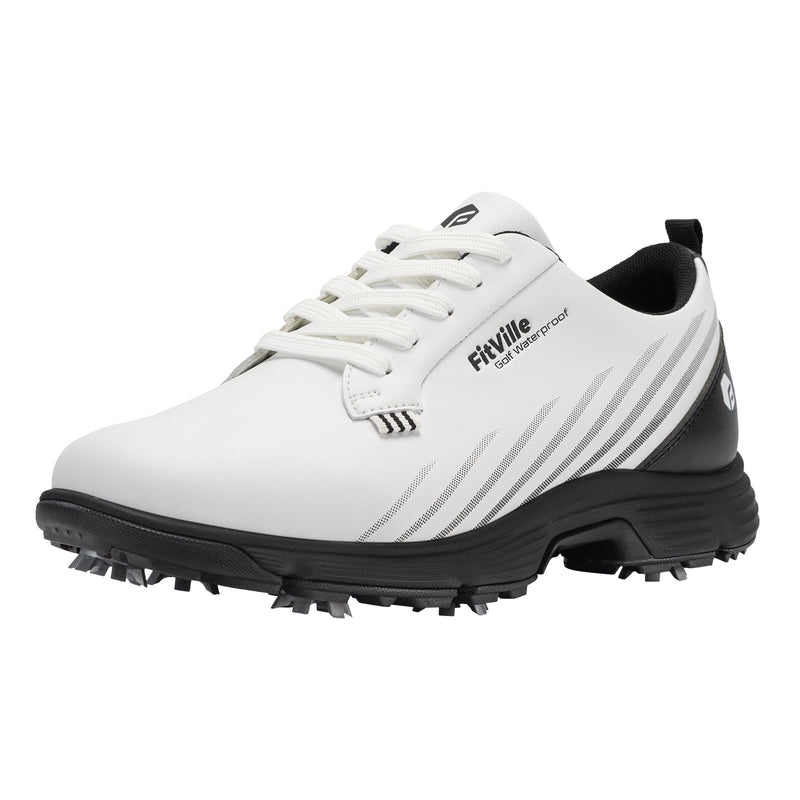 FitVille Mens Golf Shoes Extra Wide Fit with Spikes Professional Spiked Golf Shoes for Men V2 White Black - Golf Gift