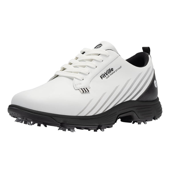 FitVille Mens Golf Shoes Extra Wide Fit with Spikes Professional Spiked Golf Shoes for Men V2 White Black - Golf Gift