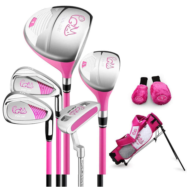 PGM Junior Golf Club Complete Set for Children Kids, 6-8 Age Groups 5 Golf Clubs with Stand Bag and 2 Headcovers for Boys & Girls, Right Hand, Pink - Golf Gift