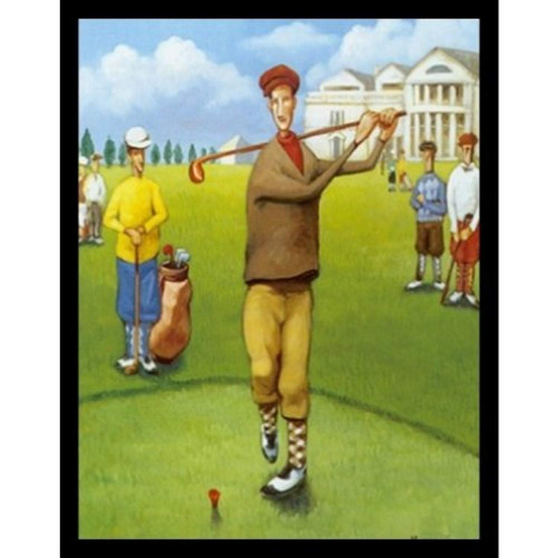 Buyartforless Work Framed The First David Marrocco 18x24 Art Print Abstract Figurative Sports Poster Golf Teeing Off Club House in The Background, Green - Golf Gift