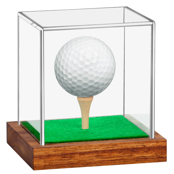 Hooqict Golf Ball Display Case Clear Acrylic Golf Ball Memorabilia Display Case with Wood Base and Grass Pad Ball Holder Stand Display Cube Single Golf Collection Box - Golf Gift