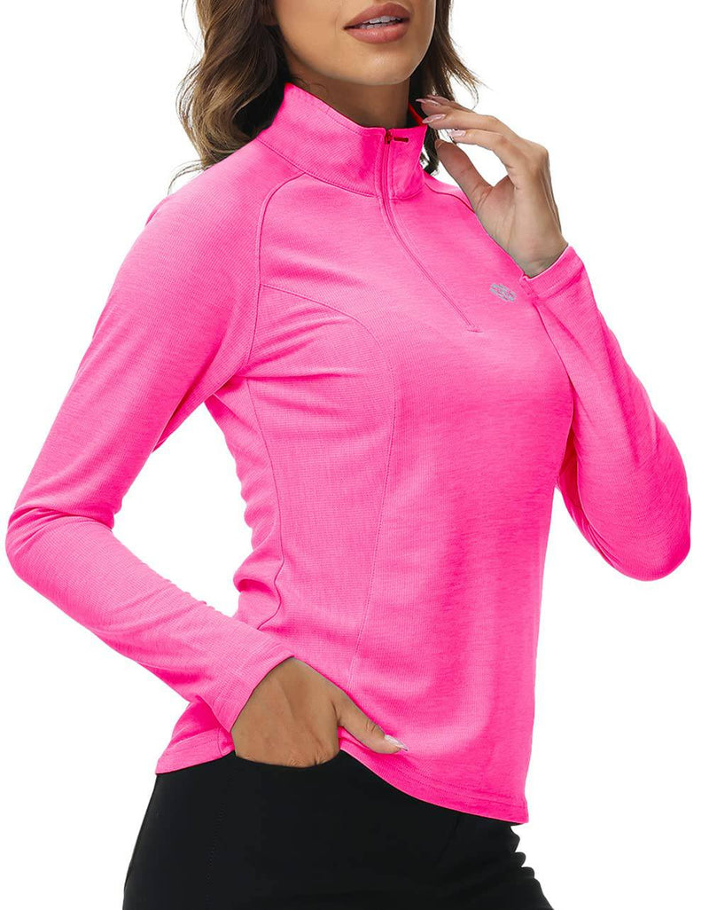 AjezMax Womens 1/4 Zip Long Sleeve Running Top Ladies Gym Sports Yoga Tops UPF 50+ Outdoor Hiking Cycling Golf Shirts Rose-red Size M - Golf Gift