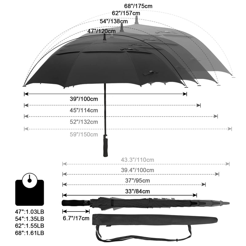 G4Free 47/54/58/62/68 Inch Automatic Open Golf Umbrella Extra Large Oversize Double Canopy Vented Windproof Waterproof Stick Umbrellas (Black, 68 inch) - Golf Gift