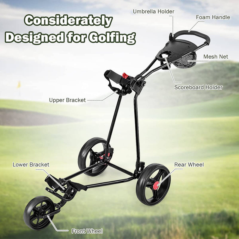 GYMAX Golf Trolley, Folding 3 Wheel Golf Push Cart with Foot Brake, Umbrella & Cup Holder, Adjustable TPR Handle and Mesh Bag, Lightweight Golf Bag Holder - Golf Gift