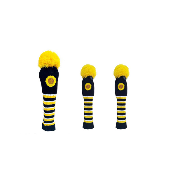 CHEZBABY Sunflower Embroidery Golf Club Head Covers Cute Knitted 460cc Driver Wood POM POM Long Neck(Set of 3) - Golf Gift