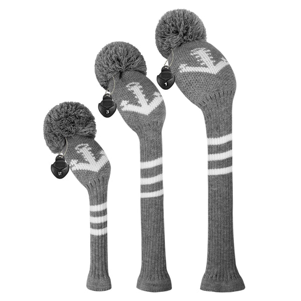 Scott Edward Knitted Golf Club Head Covers for Woods 3Pcs Set Golf Driver (460CC) Fairways and Hybrid/UT with Rotating Number Tags(Anchor) - Golf Gift