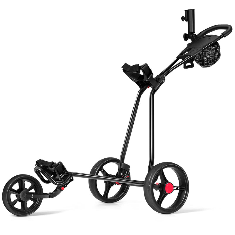 COSTWAY Folding Golf Push Pull Cart, Lightweight 3 Wheels Golfs Trolley with Foot Brake, Umbrella & Cup Holder, Adjustable Handle and Storage Bag - Golf Gift