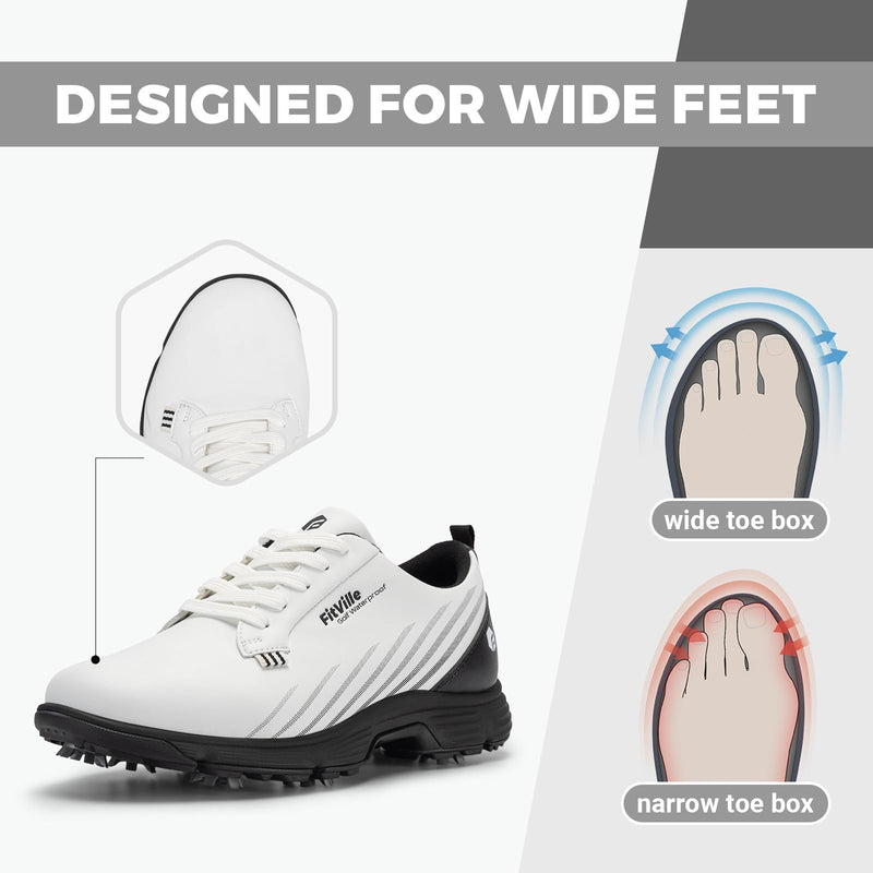 FitVille Mens Golf Shoes Extra Wide Fit with Spikes Professional Spiked Golf Shoes for Men V2 White Black - Golf Gift