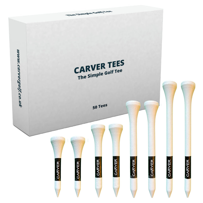 Carver Wooden Golf Tees - 83mm, 70mm, 54mm, 42mm - Bag of 50 - Strong Biodegradable (54mm - Medium (50 tees)) - Golf Gift