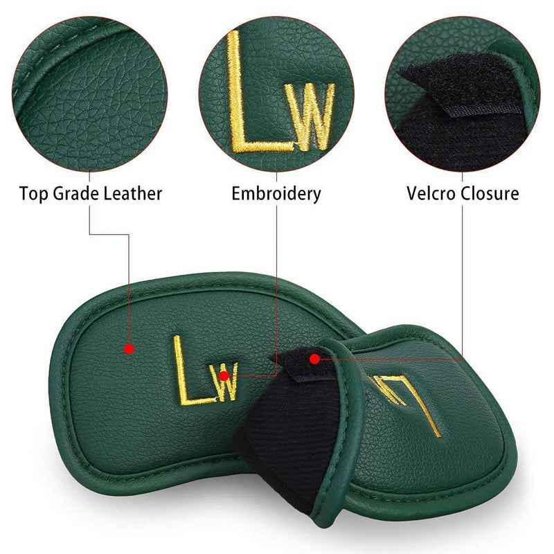 Craftsman Golf 12pcs Thick Synthetic Leather Golf Iron Head Covers Set Headcover Fit All Brands alao Available for Custom Version (Green with Gold No.) - Golf Gift