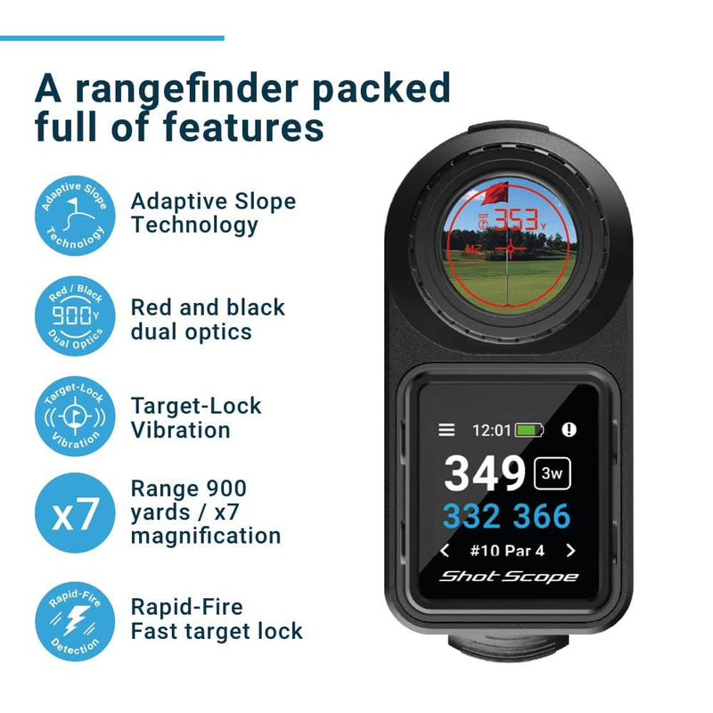 Shot Scope PRO LX+ Laser Rangefinder with Performance Tracking (Blue) - F/M/B green and hazard distances - 100+ statistics including Strokes Gained - Golf Gift