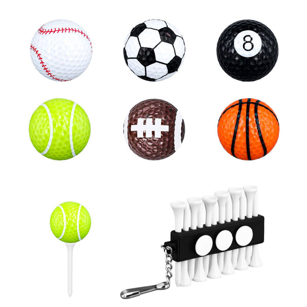 6pcs Assorted Golf Balls, Funny Golf Tee Holder Keychain with Golf Ball Marker Novelty Colored Practice Basketball Baseball Soccer Rugby Tennis Billiard Golf Balls for Adults Training Sports Gift - Golf Gift