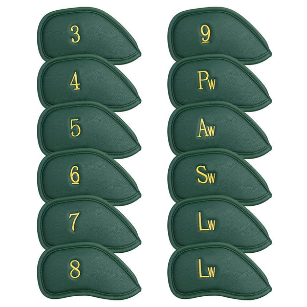 Craftsman Golf 12pcs Thick Synthetic Leather Golf Iron Head Covers Set Headcover Fit All Brands alao Available for Custom Version (Green with Gold No.) - Golf Gift