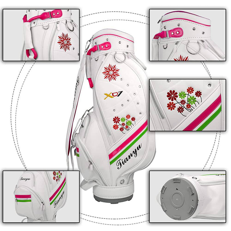 ACXZ Golf Staff Standard Carry Bag for women, Floral Embroidered Golf Cart Bag with Shoulder Strap, Waterproof PU Golf Bag, White (89×38×20cm) - Golf Gift