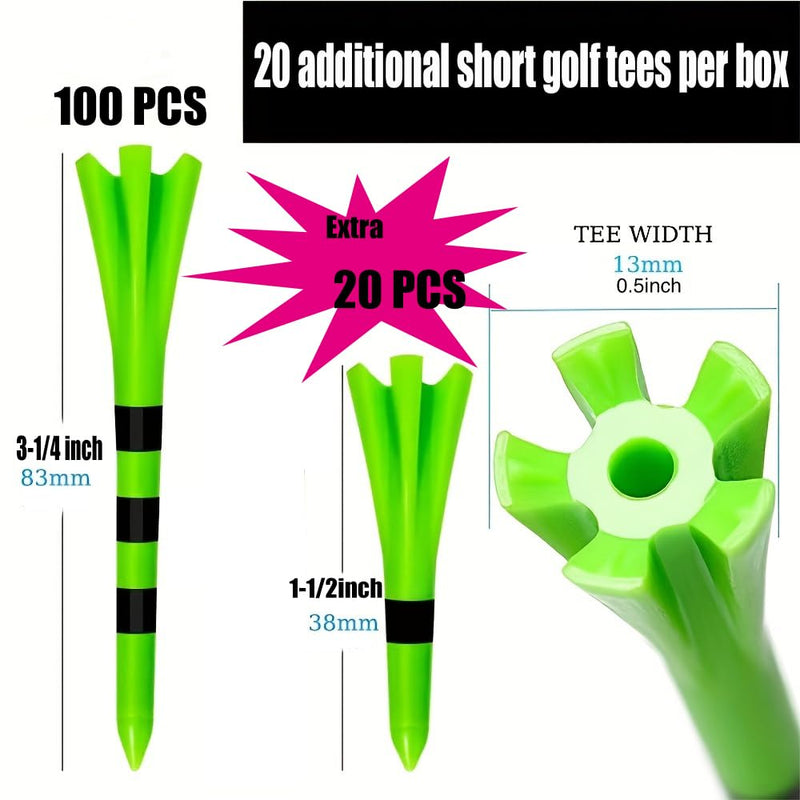 SWINGTEK 120 Pack Plastic Golf Tees,Contain 100 pcs 3-1/4 Inch Unbreakable Long Tees and 20 Short Tees,Mixed Color,Frictional Resistance Reduction - Golf Gift