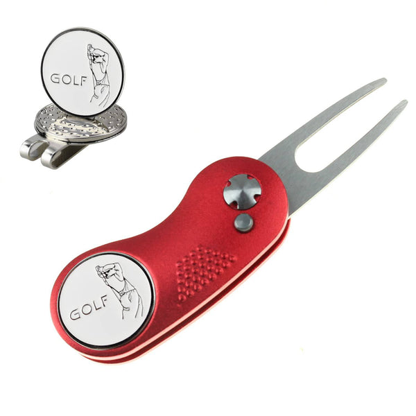 KOFULL Golf Divot Tool Switchblade Golf Green Repair Fork Portable and Folding Pitch-1 piece (Red) - Golf Gift