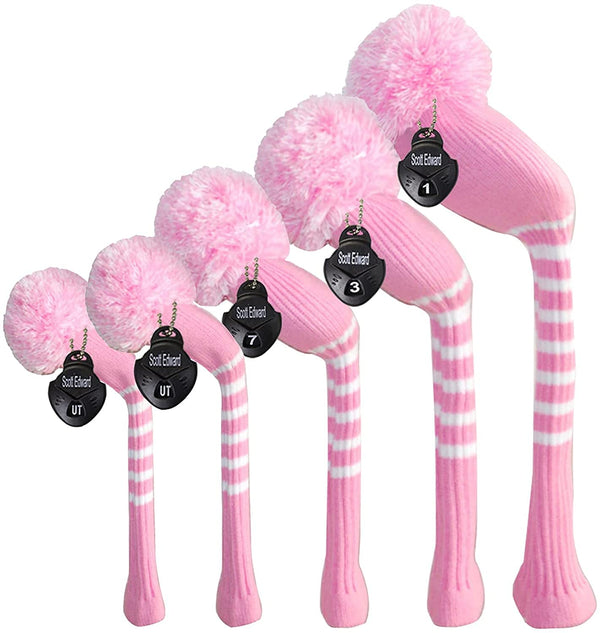 Pink Golf Head Covers for Woods 5 PCS Knit Golf Club Cover Driver Cover*1 Fairway Wood*2 Hybrid (UT)*2 Old-school Style, Big Pom-poms, Best Gift for Female - Golf Gift