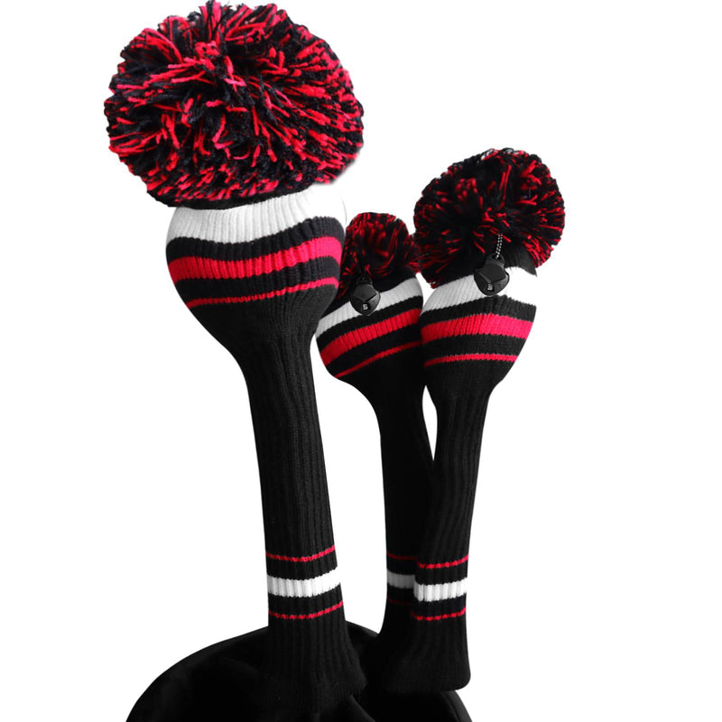 Golf Head Covers Woods Driver Fairway Hybrid 3 Pcs,Golf Headcover Pom Knitted Number 1 3 5 for Men Women Kids Anti-Wrinkle Washable Soft Portable Color Blue Red (Black/Red) - Golf Gift